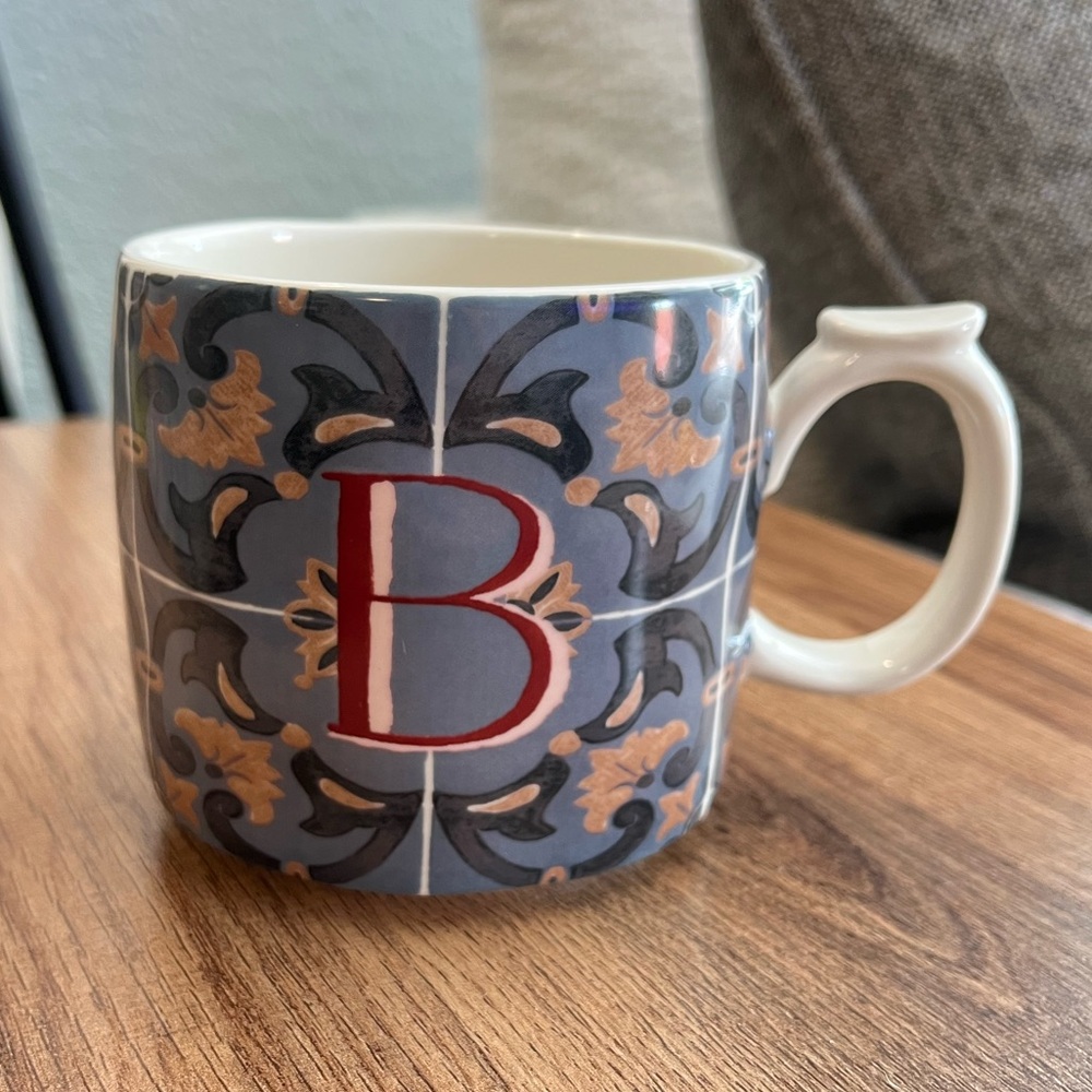Anthropologie  Blue and White “B” Mug with Red Accent